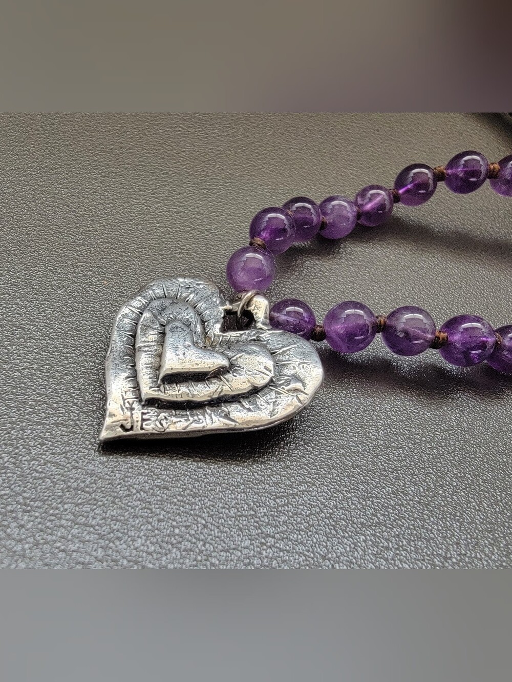 Jes Maharry Sterling Silver Layered Heart Amethyst Leather Adjustable Necklace